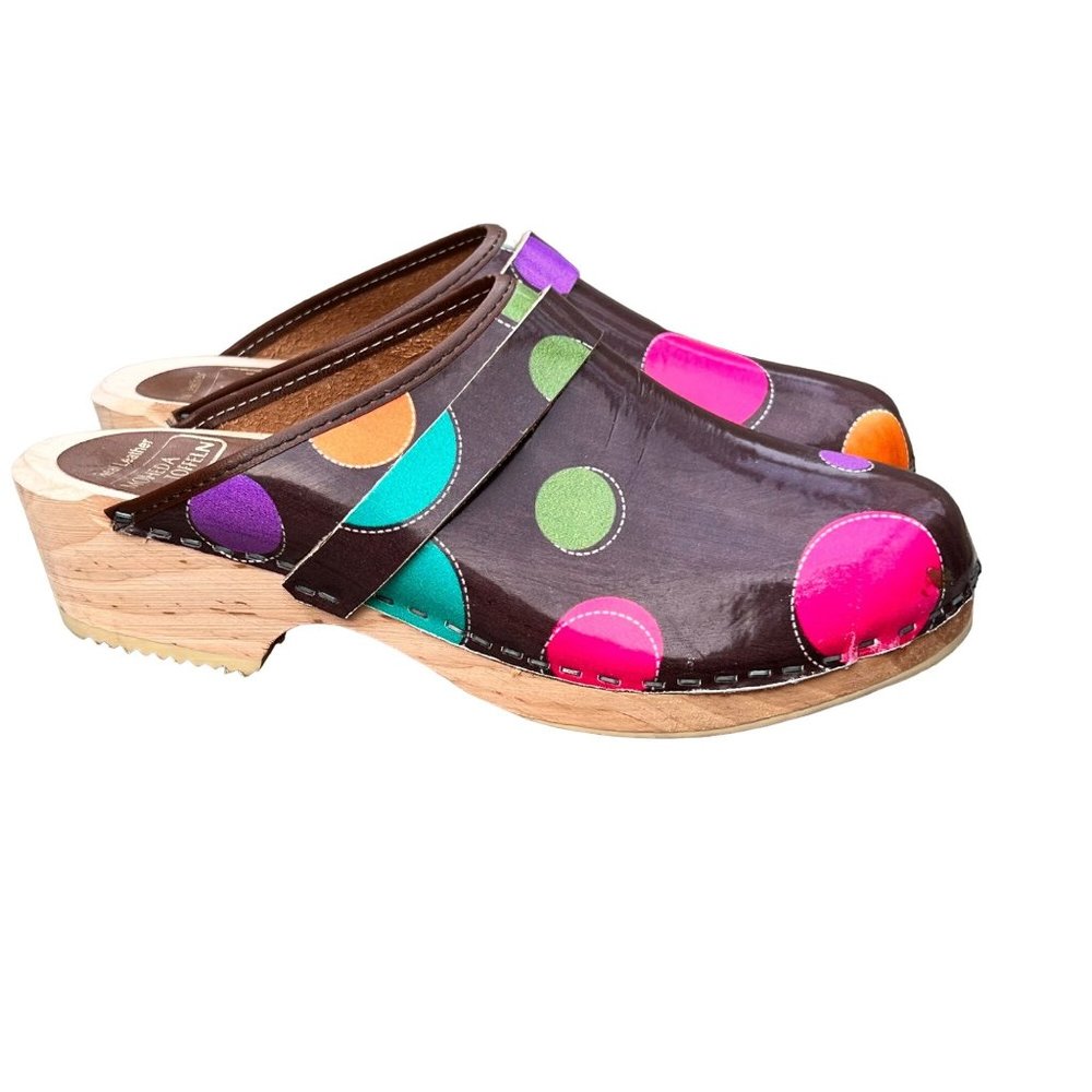 Moheda Toffeln Swedish Leather Clogs Polka Dot Brown Colorful size 41 US 8.5